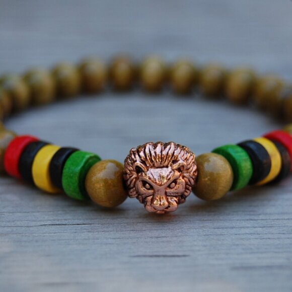 Lion Bracelet,Wood Bracelet,Rasta Bracelet,Lion Rasta Bracelet - Picture 1 of 2